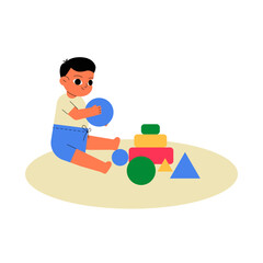 Toddler Playing With Blocks On The Floor In Flat Vector Illustration Symbolizing Creativity, Playtime, And Development, Isolated On White Background.