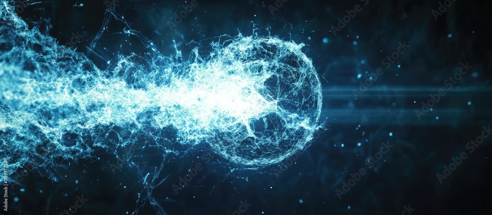 Fototapete Dynamic Blue Energy Sphere in Motion with Empty Space for Text on Dark Background Representing Fastball Concept