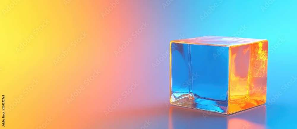 Poster amber energy cube with reflective blue and orange gradient background and empty text space for custo