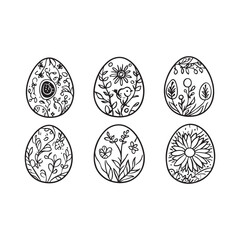 A set of six intricately decorated Easter eggs, each adorned with unique floral patterns, including birds and flowers