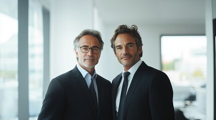 Fototapeta premium Two men in suits and ties pose for a photo. Scene is professional and formal