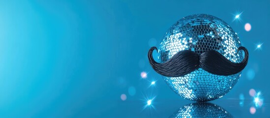 Father's Day Celebration with Blue Background Featuring Disco Ball and Black Mustache, Perfect for Personalized Text Space