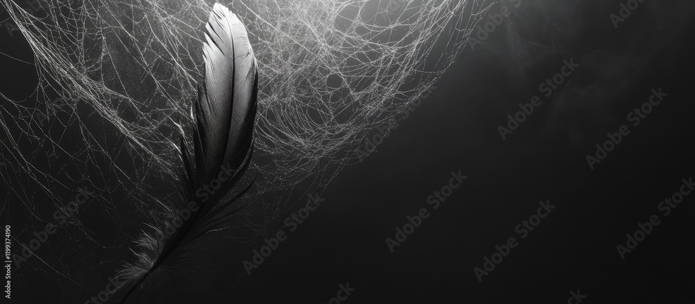 Poster delicate black feather with ethereal cobweb light and shadow on dark background creating copyspace f