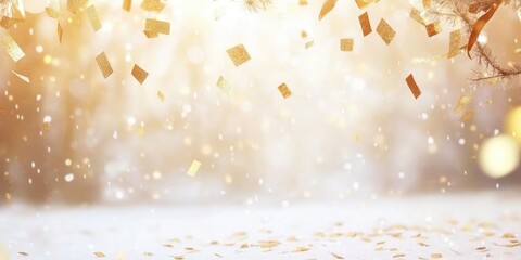 Golden Confetti Droplets Against a Soft Focus Background with Shimmering Bokeh and Clear Space for Text or Graphics