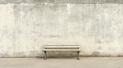 Weathered wooden bench against a textured concrete wall.