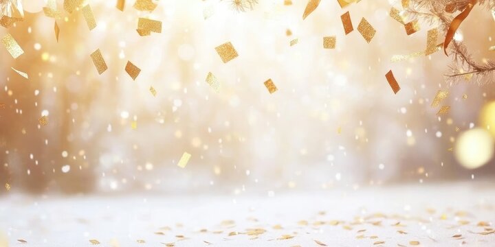 Golden Confetti Droplets Against a Soft Focus Background with Shimmering Bokeh and Clear Space for Text or Graphics