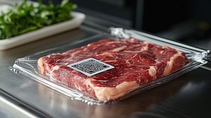 A raw steak in vacuum-sealed packaging with a QR code label, emphasizing food safety and traceability technology on a sleek metallic surface.
