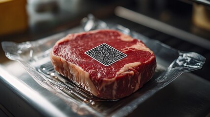 Raw steak with a QR code label in vacuum-sealed packaging, symbolizing modern food safety and traceability technology on a metallic surface.