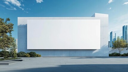Fototapeta premium A mockup of an empty white billboard on the side of a modern concrete building with a blue sky background. 