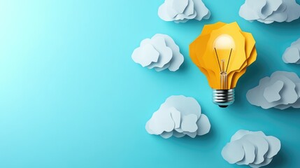 Creative collaboration concept featuring a bright yellow light bulb surrounded by soft gray clouds on a vibrant blue background with empty copy space for text.