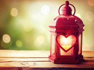 Romantic scene of a red lantern with a heart-shaped window glowing softly on an old wooden table, set against a blurred background of green and beige hues, warm candlelight casting soft shadows that e