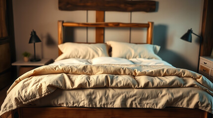Cozy and Serene Bedroom Interior Design: A Peaceful Retreat. Soft Linen Bedding and Warm Lighting Create a Relaxing Atmosphere in This Minimalist Room.