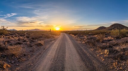 Naklejka premium Desert road at sunset with warm orange and yellow hues under a blue sky, leading through arid landscape, wide angle view, empty space for text