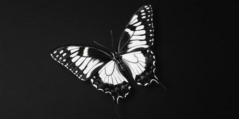 Elegant black and white butterfly resting on solid black background with ample copy space, ideal for wallpaper or card design.