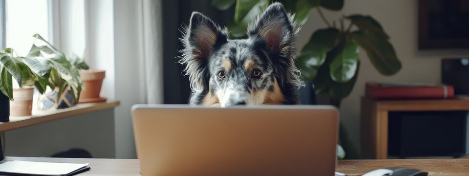 Australian shepherd dog attentively observing open laptop on wooden desk in modern home office with indoor plants and soft natural light - Powered by Adobe