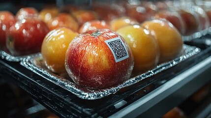 Vacuum-sealed fruits with a QR code label on a metallic surface, emphasizing advanced food safety technology and traceability, merging innovation with freshness.