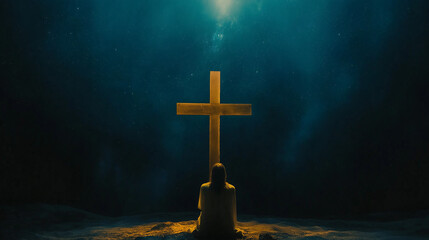 Wooden Cross Under Starry Night Symbolizing Jesus Christ Crucifixion and Faith