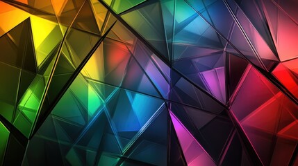 Reflective glass triangles in vibrant rainbow colors with geometric patterns and empty space for text, close-up perspective on glossy surface.