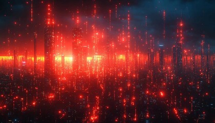 Obraz premium A futuristic cityscape overlayed with visuals of data being restored from the cloud after a virtual system failure, Disaster Recovery Through Cloud Technology