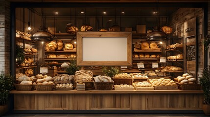 Bakery storefront presents fresh bread and pastries in glass showcase window, featuring wooden framed blank signboard and warm interior lighting with pendant lamps in rustic setting.