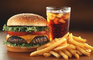 Delicious cheeseburger with fresh lettuce, ripe tomatoes, crispy fries, and a cold beverage, perfect for fast food lovers and casual dining experiences