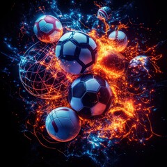 Naklejka premium Dynamic sports action soccer baseball and more in a vibrant energy burst abstract design digital art high contrast