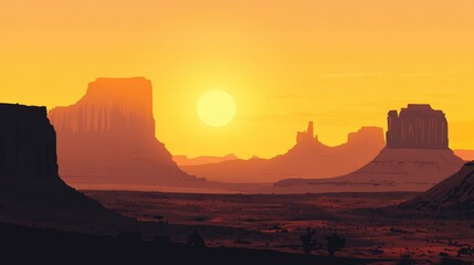 Golden Hour Over Desert Landscape with Silhouetted Rock Formations and Clear Sky Background
