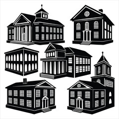 set of black vector school buildings silhouette	