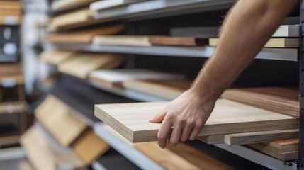 Designer selecting wooden materials from a display shelf in a bright workshop setting with natural light and empty copy space for text.