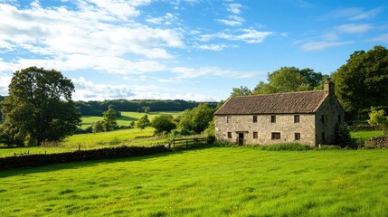 Obraz premium Abandoned rustic stone farmhouse surrounded by lush green fields and trees under a clear blue sky in a rural summer landscape.