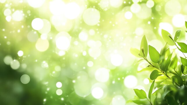 Sunlit Green Bokeh Background with Out of Focus Bright Circular Highlights and Leaves in Foreground for Text Overlay