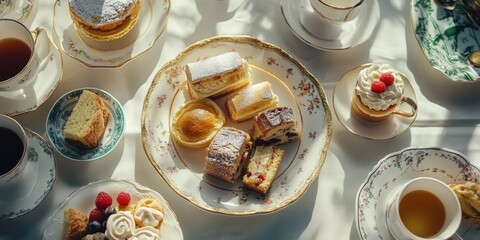 Tea time with a delightful assortment of sweet and savory treats, set elegantly on fine china at an afternoon tea gathering.