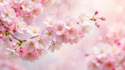 Fototapeta premium delicate cherry blossoms in soft pink hues on a crisp white paper background with subtle texture, beautiful spring flowers, spring season
