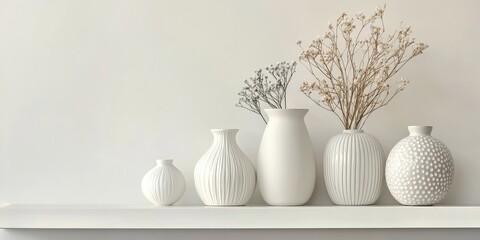 Minimalist Display of White Ceramic Vases with Dried Flowers on a Light-Colored Shelf Against a Neutral Background