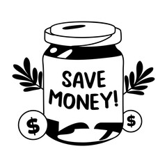 Glyph sticker of a jar with the text save money and dollar coins