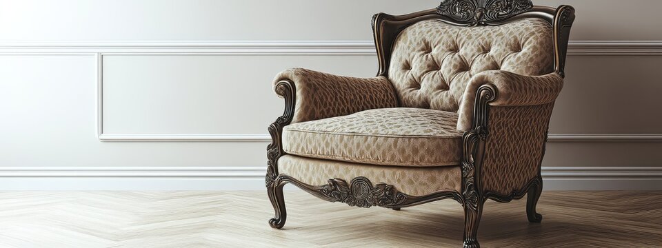 Vintage Upholstered Chair in Minimalist Bedroom with Empty Wall Space, Soft Colors and Elegant Design Elements