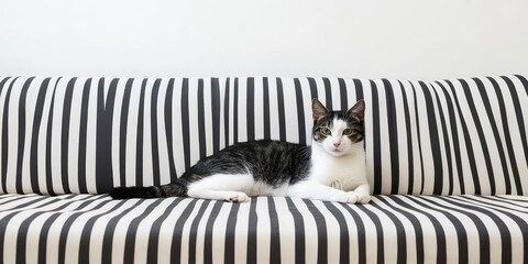 Elegant black and white cat lounging on a stylish striped sofa against a minimalist white wall with ample negative space for text or graphics