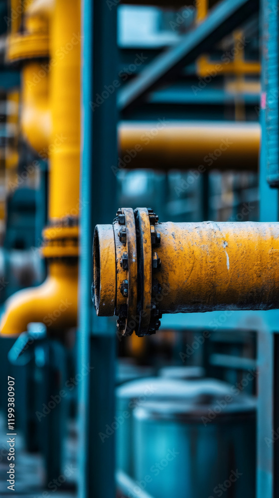 Poster close-up of yellow gas pipe with flange connection, representing industrial pipeline system in a pro