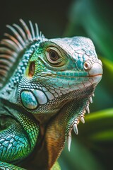 Fototapeta premium Vividly colored close-up image of a lizard, showcasing its scales and features.