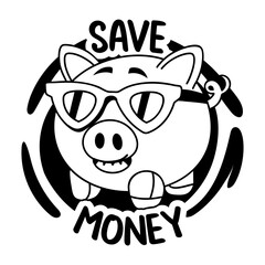 A cute piggy bank wearing sunglasses with the text save money, glyph style sticker