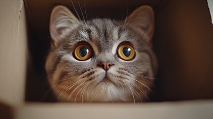 British Shorthair cat peeks from cardboard box with expressive eyes and tabby markings. Professional pet portrait captures adorable facial expression against beige neutral background.
