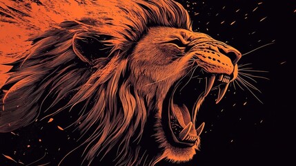 A roaring lion, in the style of vector art, with an orange and black color palette