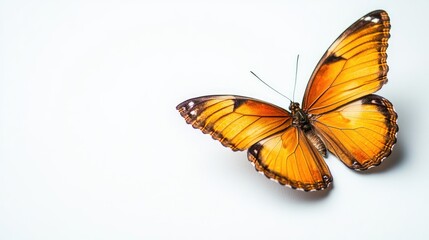 Fototapeta premium Vibrant orange butterfly perched on a white surface creating negative space for text, ideal for nature-themed designs and illustrations