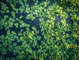 Aerial view of aquatic plants floating on a dark water surface in a pond