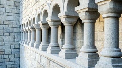 Closeup of a castle's textured concrete facade featuring intricate stone columns and arches in soft gray tones against a brick backdrop with empty space