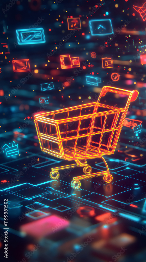 Poster digital glowing shopping cart representing e-commerce innovation in virtual marketplace