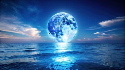 Full Blue Moon Over Ocean, large moon, celestial wonder,  large moon, celestial wonder