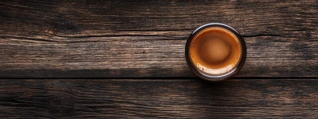 Fototapeta premium Double Espresso in Glass Cup on Dark Wooden Table with Blank Space for Text