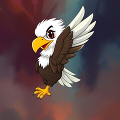 Obraz premium A spirited cartoon eagle with vibrant colors, showcasing its wings in a dynamic pose against a colorful background.