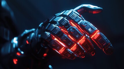 Closeup of a futuristic black and red cybernetic human forearm with glowing robotic elements highlighting advanced prosthetic limb technology on a dark background